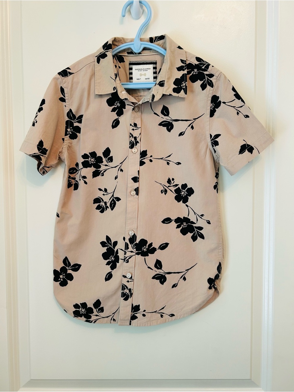 Boys Denim & Flower Tan Khaki Short-Sleeve Button-Down with Black Floral Print